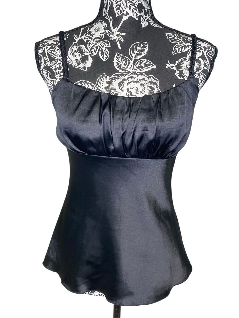 Black Satin Braided Strap Cami Tank Top Sleeveless Ruched Y2K Party Date Night